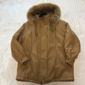 VTG Preston & York Petites S Tan Fox Fur Trim Hooded Full Zip Parka Coat Jacket